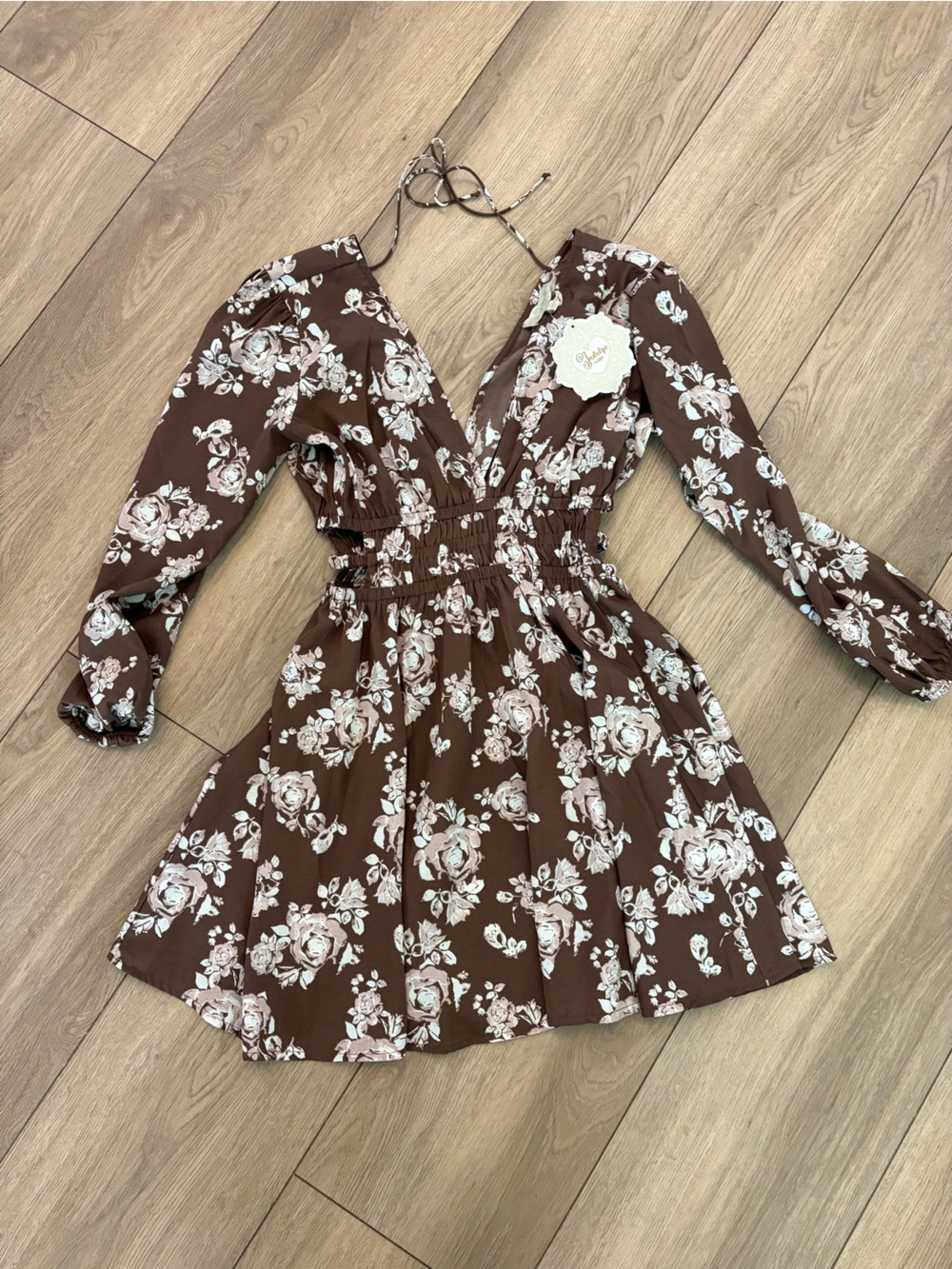indulge Brown Floral Long-Sleeve Tie-Waist Dress
